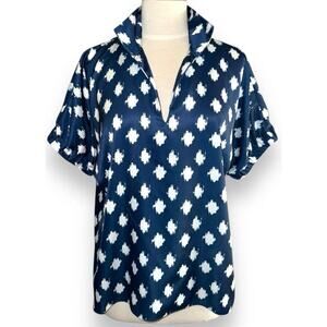 Caryn Lawn Blouse Betsy Collared Navy Satiny Flowy Popover Top One Size
